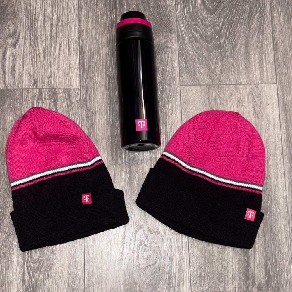 Pink and Black Beanie Set and water bottle